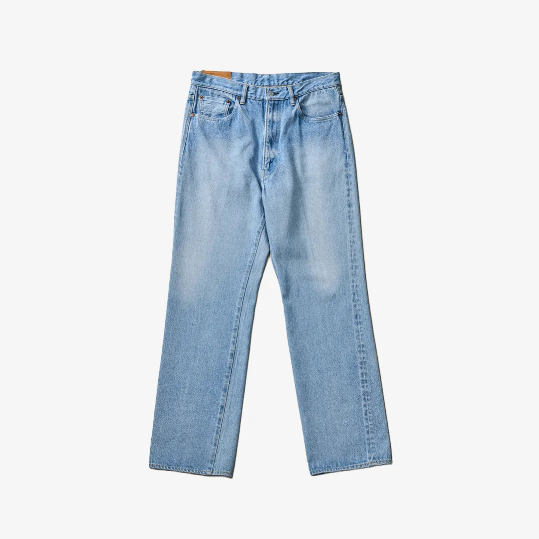 Front view of the Kaptain Sunshine skate shoecut denim pants in indigo vintage wash featuring a relaxed silhouette with a worn-in finish.