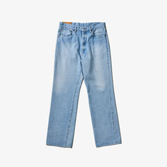 Front view of the Kaptain Sunshine skate shoecut denim pants in indigo vintage wash featuring a relaxed silhouette with a worn-in finish.