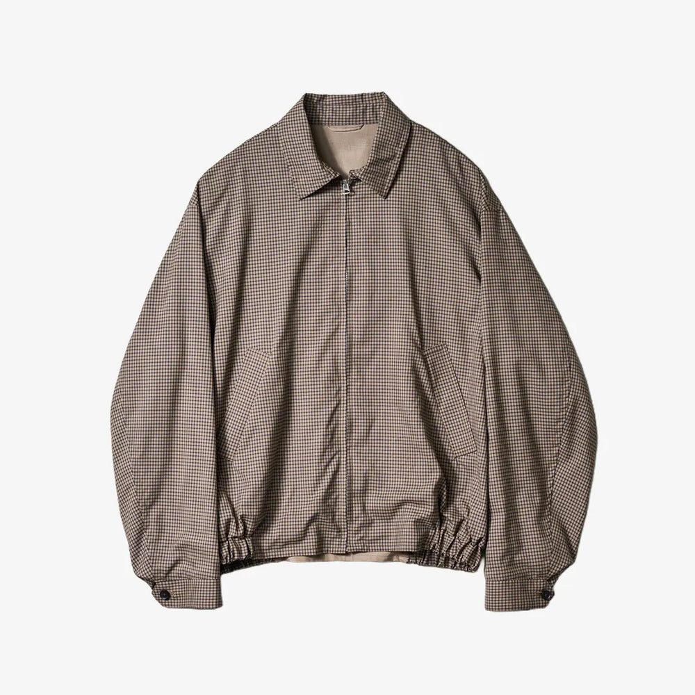 Front view of the Kaptain Sunshine summer wool zip blouson in brown plaid featuring a relaxed silhouette and lightweight construction.