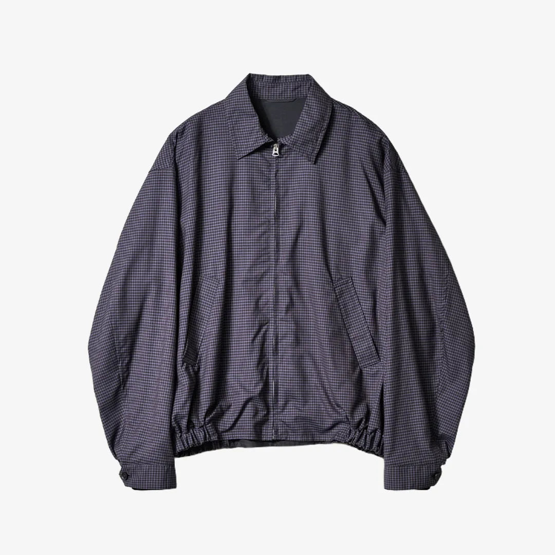 Front view of the Kaptain Sunshine summer wool zip blouson in khaki plaid featuring a relaxed silhouette and lightweight construction.