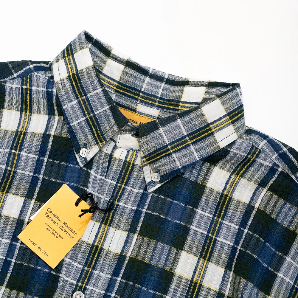 button down collar madras shirt navy multi check vintage roll detail