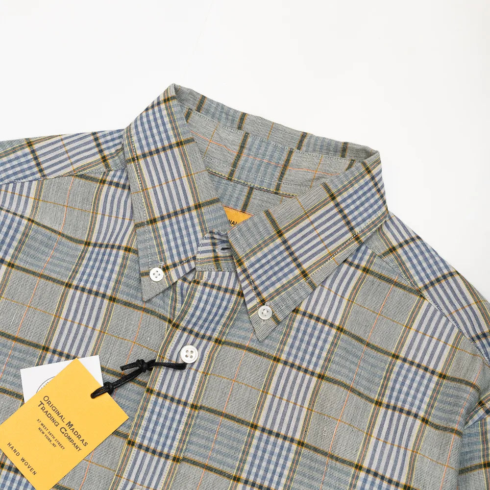 button down collar madras shirt tan blue check vintage roll detail