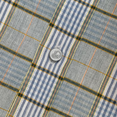 madras check fabric tan blue texture lightweight cotton detail
