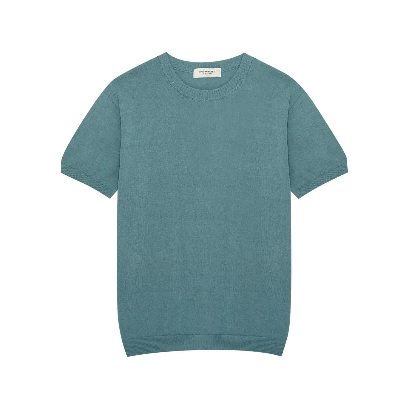 Front view of the Mooncastle Crew Neck Mist Green showing the clean silhouette, soft mist green tone, and classic crew neck structure.