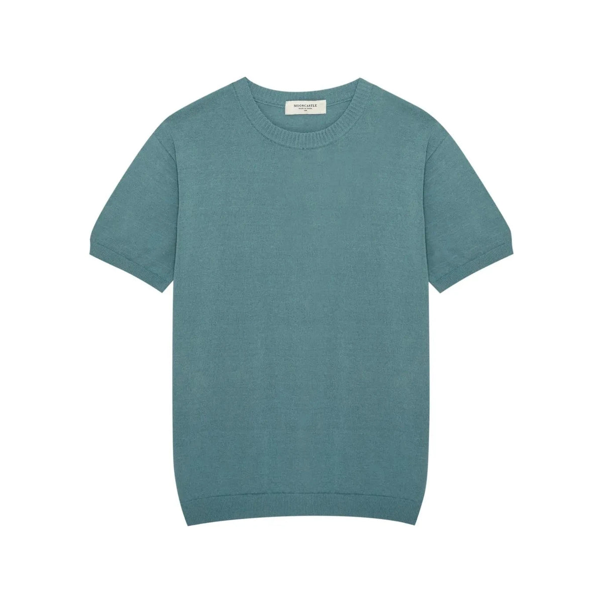 Front view of the Mooncastle Crew Neck Mist Green showing the clean silhouette, soft mist green tone, and classic crew neck structure.