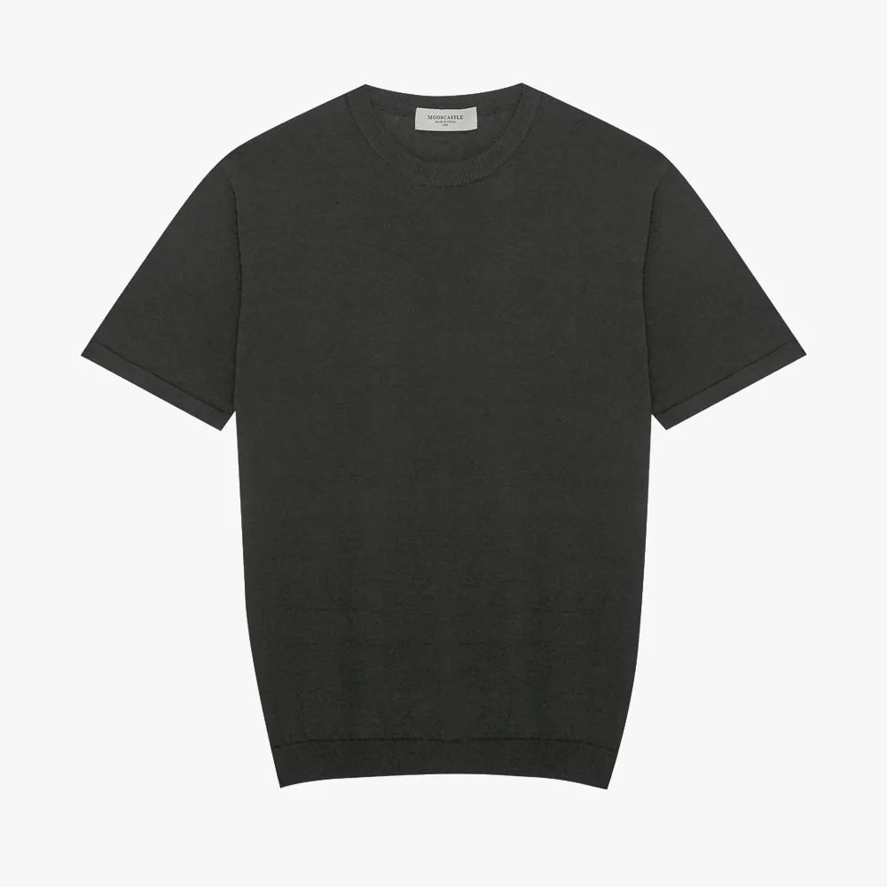 Front view of the Mooncastle Ice Cotton Knit Tee Charcoal Grey showing the clean silhouette, cool-touch knit texture, and deep charcoal grey tone.