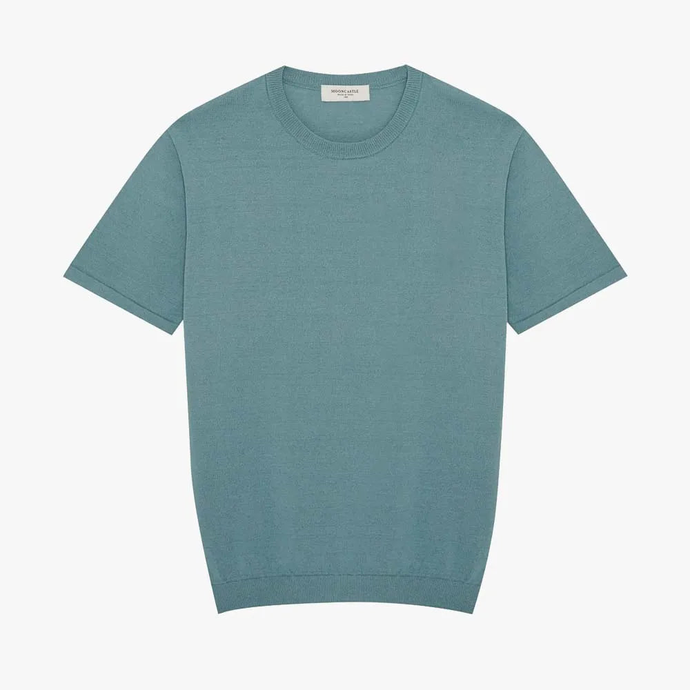 Front view of the Mooncastle Ice Cotton Knit Tee Mist Green showing the clean silhouette, breathable ice cotton texture, and soft mist green tone.