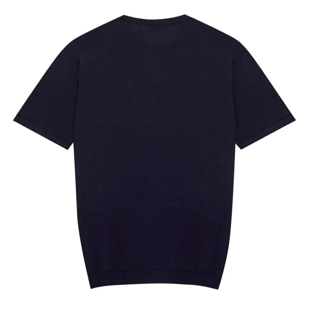 Back view of the Mooncastle Ice Cotton Knit Tee Navy showing the smooth knit surface and minimal construction.