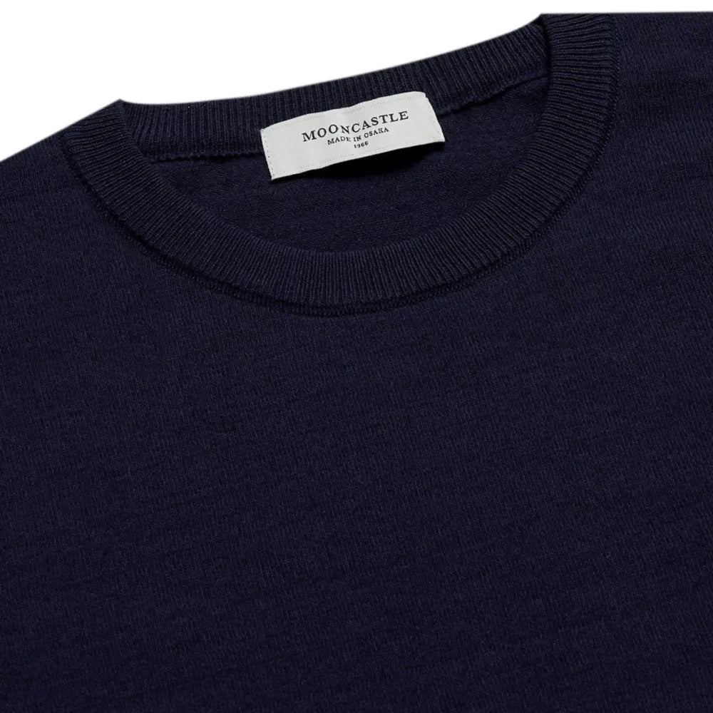Close-up of the ribbed crew neck collar showing ice cotton knit texture, stitching, and refined finishing.