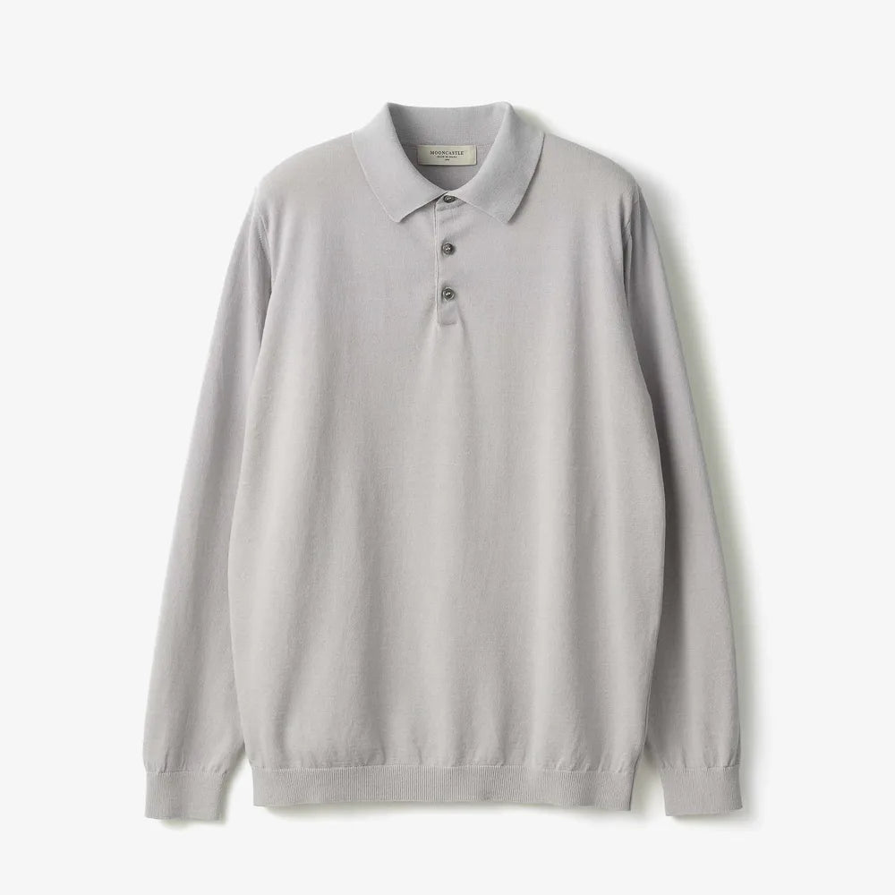 Front view of the Mooncastle Ice Cotton Long Polo Light Gray showing the clean long-sleeve silhouette, breathable ice-cotton knit texture, and soft light gray tone.