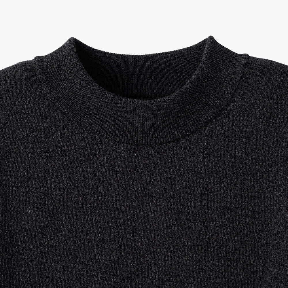 Close-up of the mock neck collar highlighting the structured ribbed knit and smooth finishing.