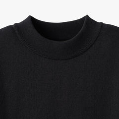 Close-up of the mock neck collar highlighting the structured ribbed knit and smooth finishing.