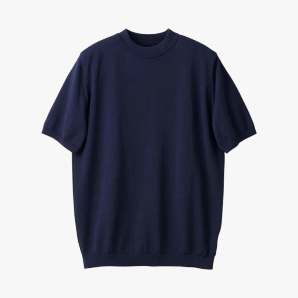 Front view of the Mooncastle Ice Cotton Mock Neck in navy featuring a clean silhouette and refined knit construction.