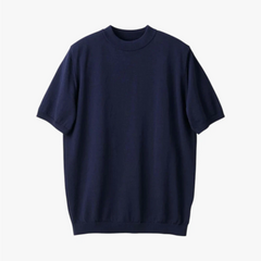 Front view of the Mooncastle Ice Cotton Mock Neck in navy featuring a clean silhouette and refined knit construction.