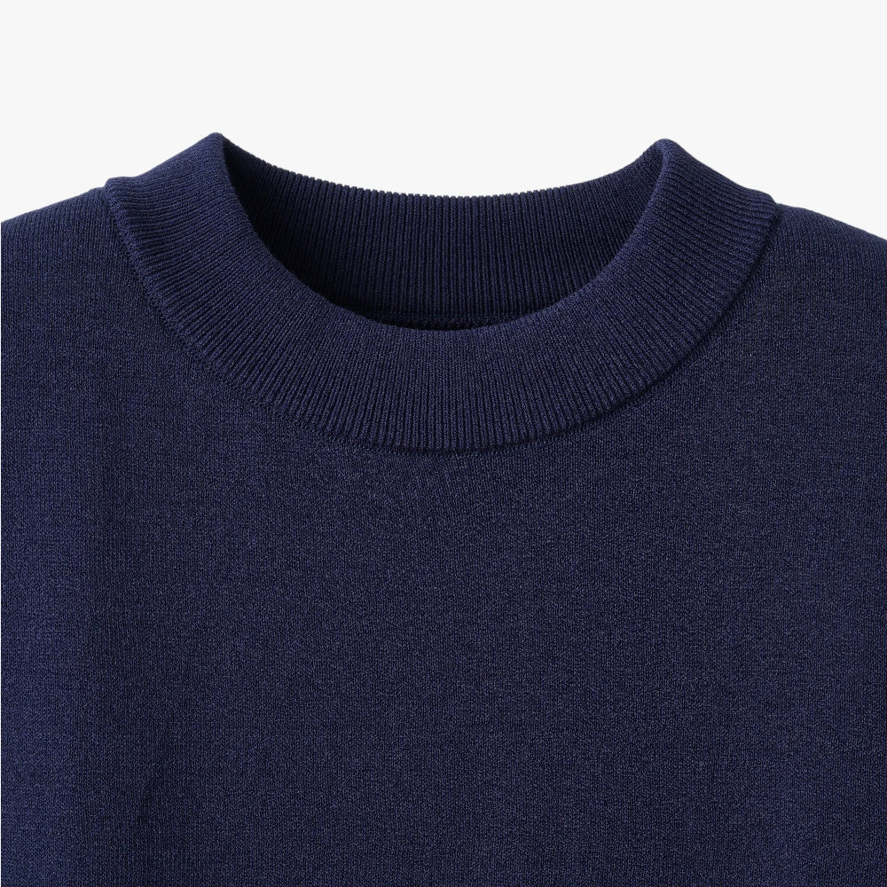 Close-up of the mock neck collar highlighting the structured ribbed knit and smooth finishing.