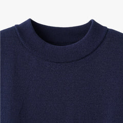 Close-up of the mock neck collar highlighting the structured ribbed knit and smooth finishing.