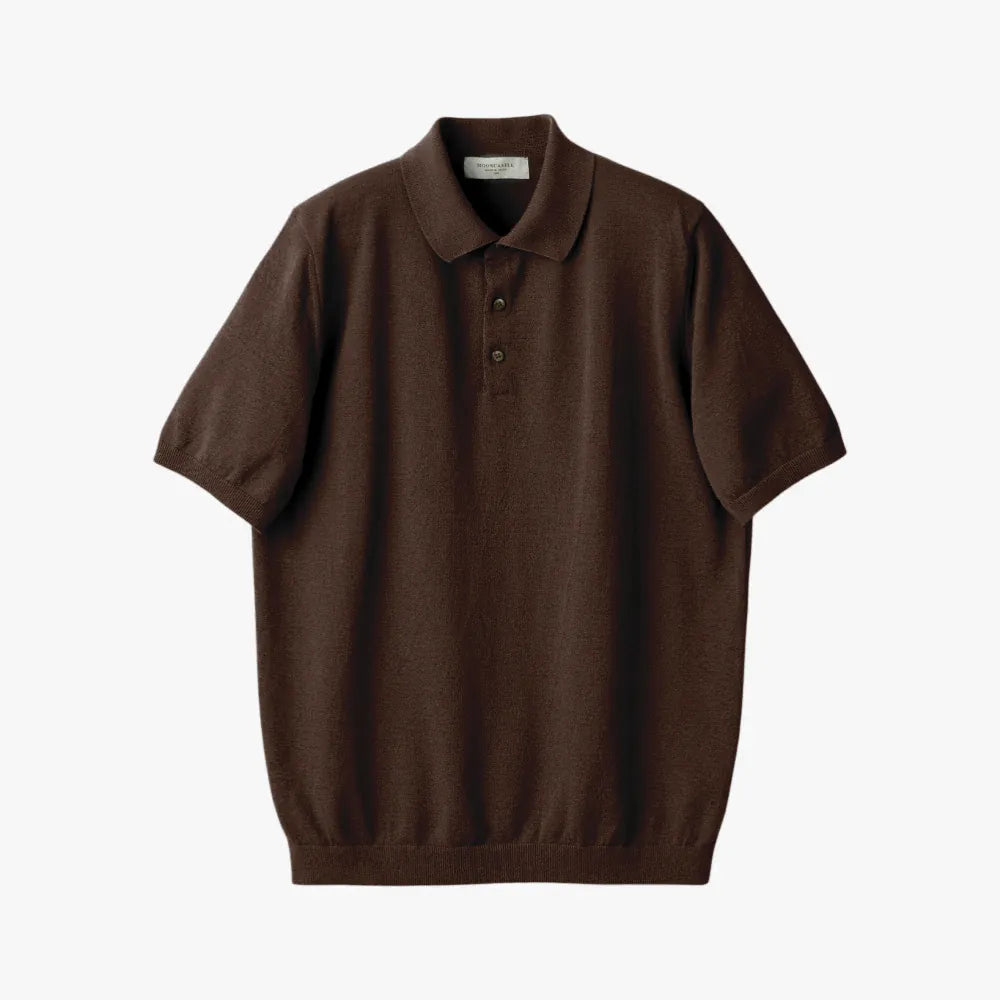 Front view of the Mooncastle Ice Cotton Polo in brown featuring a clean silhouette and refined knit construction.
