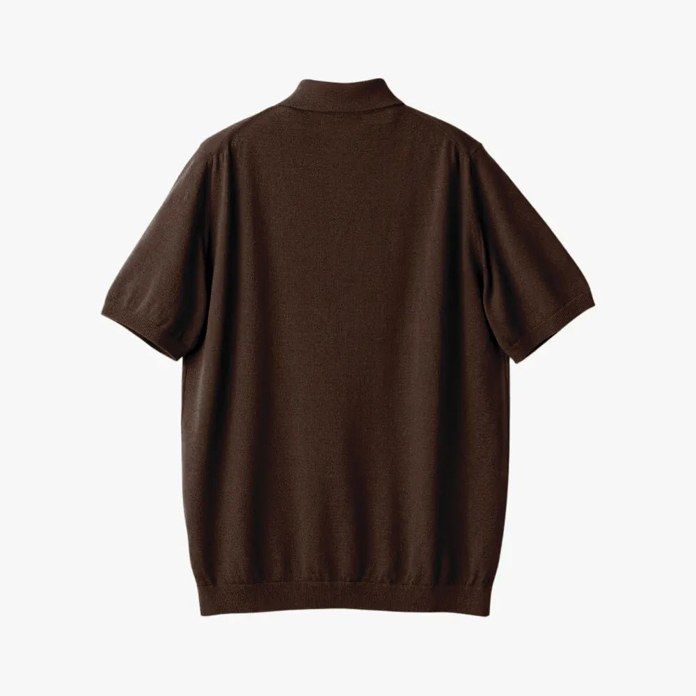 Back view of the Mooncastle Ice Cotton Polo in brown showing the smooth knit structure and relaxed fit.
