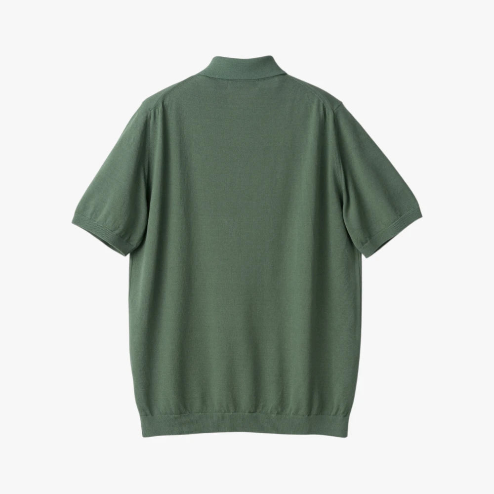 Back view of the Mooncastle Ice Cotton Polo in olive showing the smooth knit structure and relaxed fit.
