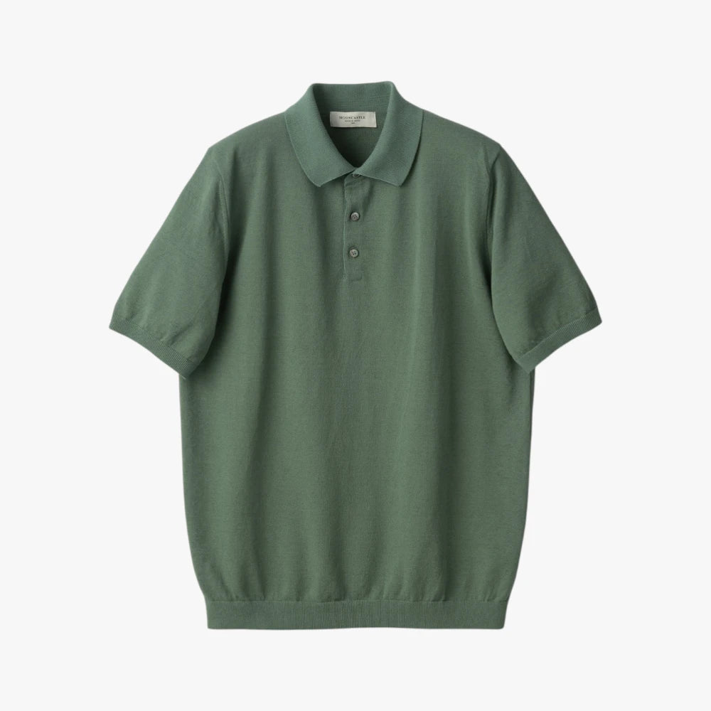 Front view of the Mooncastle Ice Cotton Polo in olive featuring a clean silhouette and refined knit construction.
