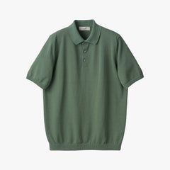 Front view of the Mooncastle Ice Cotton Polo in olive featuring a clean silhouette and refined knit construction.

