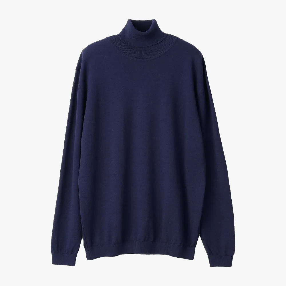 Front view of the Mooncastle Ice Cotton Turtle Neck Navy showing the sleek silhouette, breathable ice-cotton knit texture, and rich navy tone.