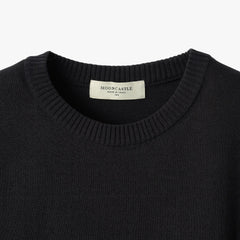 Close-up of the crew neck collar highlighting the ribbed knit construction and clean finishing.
