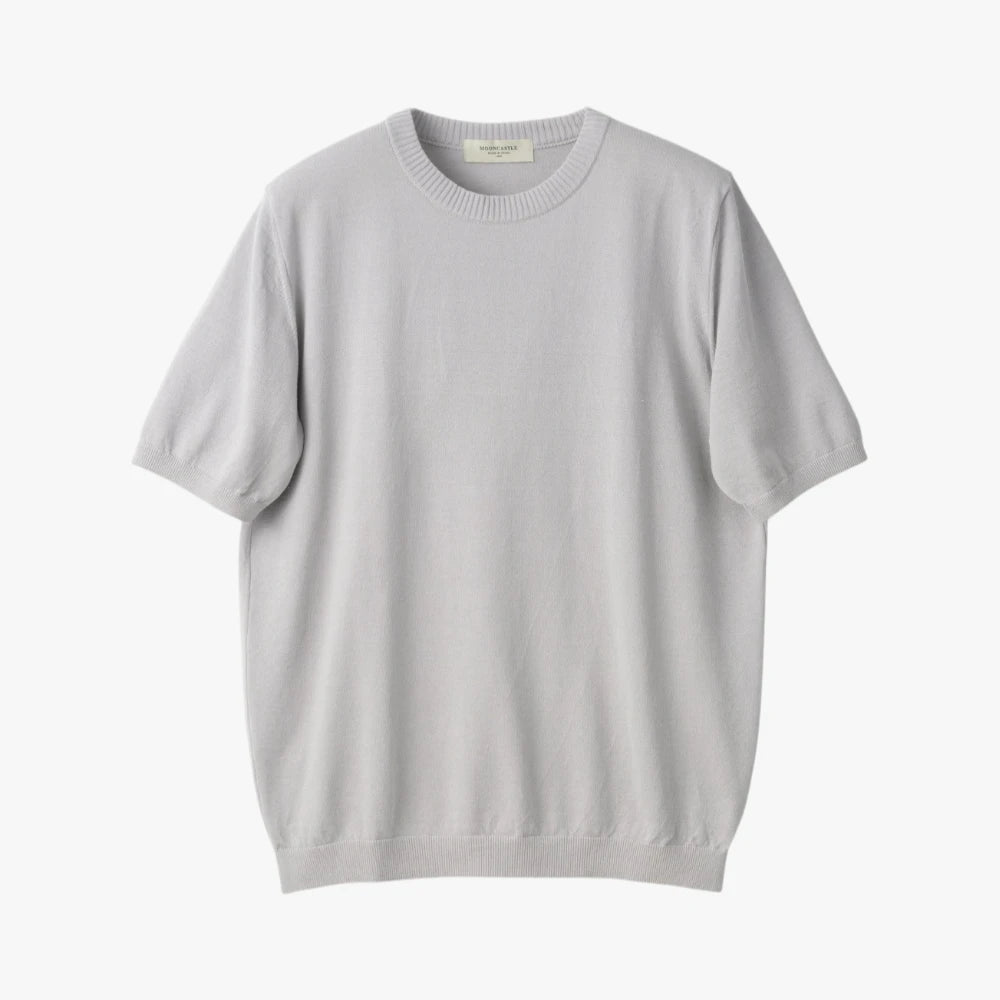 Front view of the Mooncastle Knit Crew Neck in light gray featuring a clean silhouette and refined knit construction.