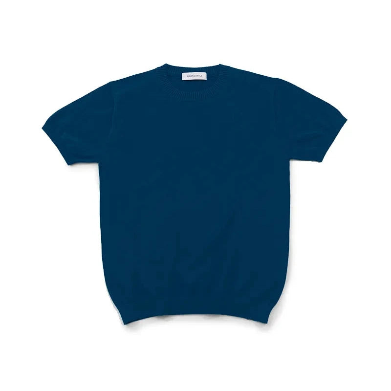 Front view of the Mooncastle Knit Crew Neck Navy showing the classic silhouette, deep navy tone, and refined crew neck design.