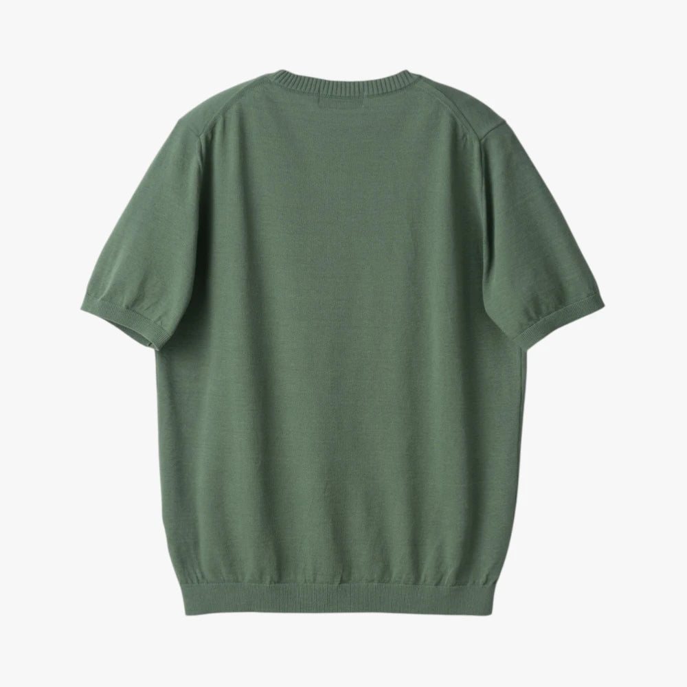 Back view of the Mooncastle Knit Crew Neck in olive showing the smooth knit structure and relaxed fit.