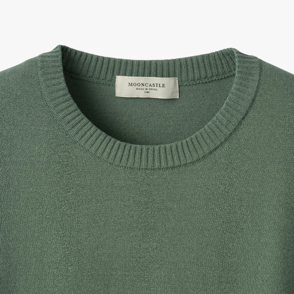 Close-up of the crew neck collar highlighting the ribbed knit construction and clean finishing.