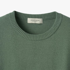 Close-up of the crew neck collar highlighting the ribbed knit construction and clean finishing.
