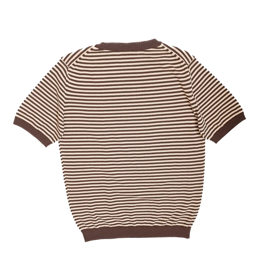 Back view of the Mooncastle Knit Crew Neck Stripe in brown and latte beige showing the clean knit structure and relaxed silhouette.
