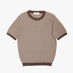 Front view of the Mooncastle Knit Crew Neck Stripe in brown and latte beige featuring a classic striped pattern and refined knit construction.
