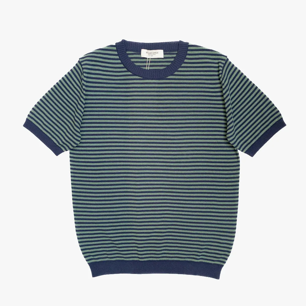 Front view of the Mooncastle Knit Crew Neck Stripe in navy and olive featuring a classic striped pattern and refined knit construction.