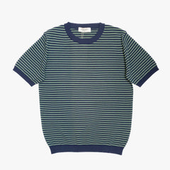 Front view of the Mooncastle Knit Crew Neck Stripe in navy and olive featuring a classic striped pattern and refined knit construction.