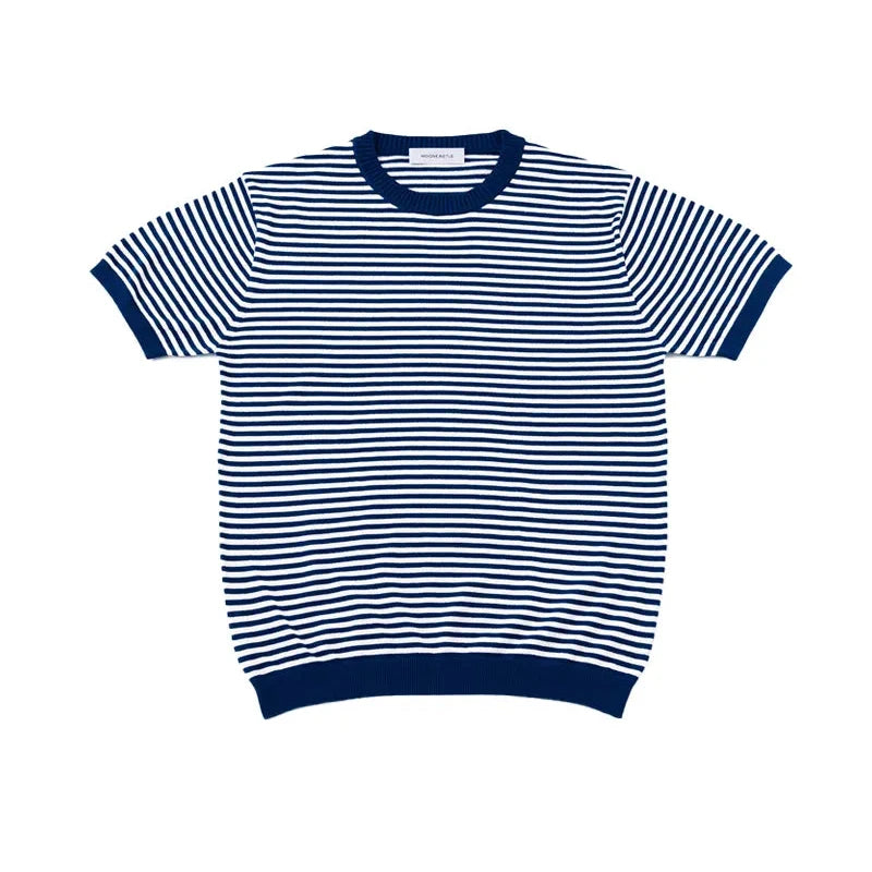 Front view of the Mooncastle Knit Crew Neck Stripe Navy-White showing the classic stripe pattern, clean crew neck, and balanced navy-white layout.