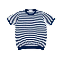 Front view of the Mooncastle Knit Crew Neck Stripe Navy-White showing the classic stripe pattern, clean crew neck, and balanced navy-white layout.