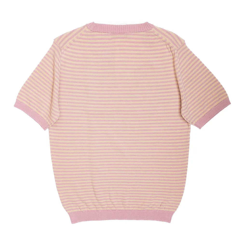 Back view of the Mooncastle Knit Crew Neck Stripe in sakura and latte beige showing the clean knit structure and relaxed silhouette.
