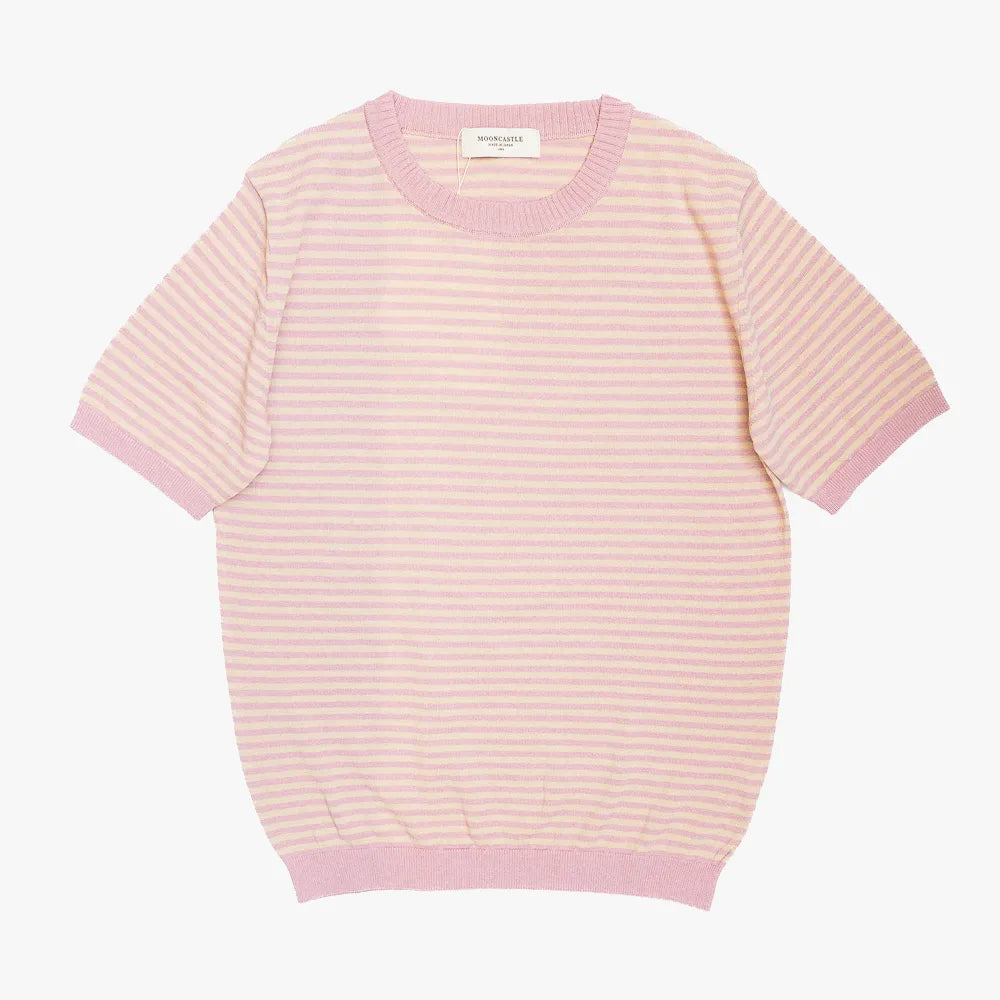 Front view of the Mooncastle Knit Crew Neck Stripe in sakura and latte beige featuring a soft striped pattern and refined knit construction.
