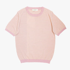 Front view of the Mooncastle Knit Crew Neck Stripe in sakura and latte beige featuring a soft striped pattern and refined knit construction.

