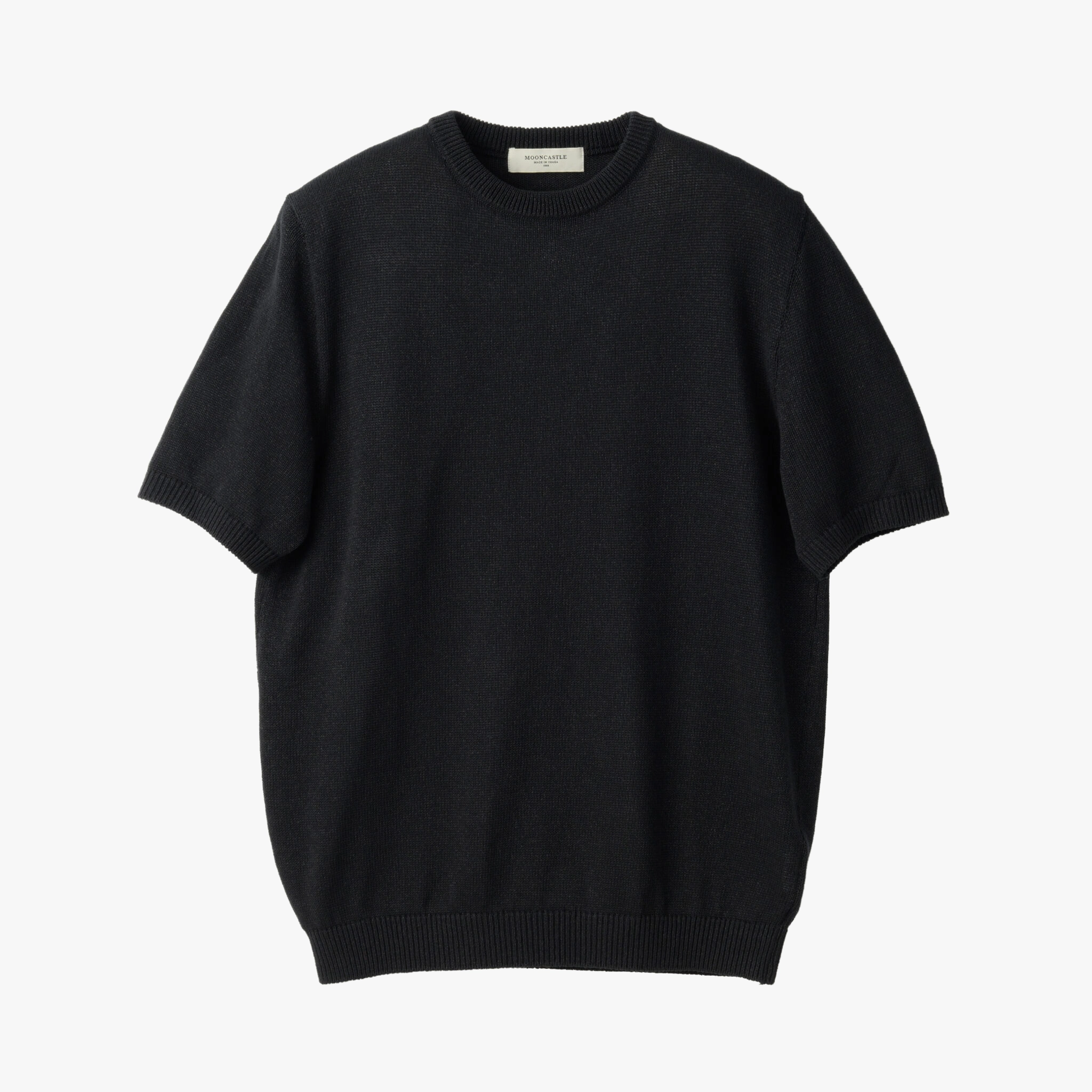 Front view of the Mooncastle Knit Paper Silk Crewneck Black showing the minimalist silhouette, rich black tone, and lightweight paper-silk knit texture.