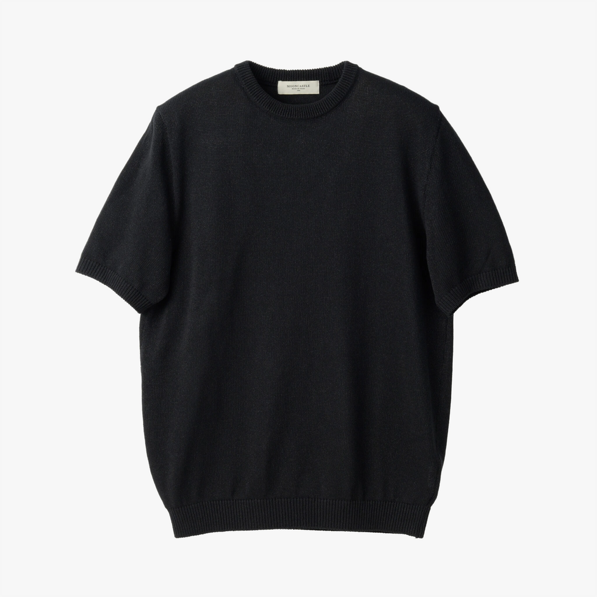 Front view of the Mooncastle Knit Paper Silk Crewneck Black showing the minimalist silhouette, rich black tone, and lightweight paper-silk knit texture.