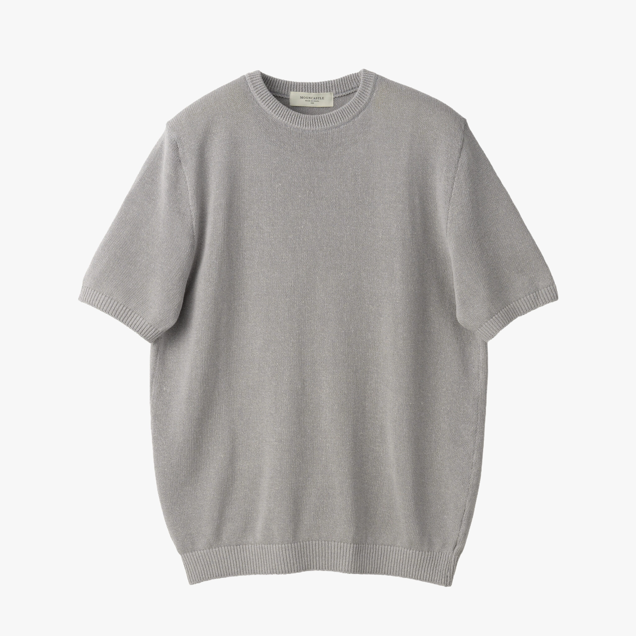 Front view of the Mooncastle Knit Paper Silk Crewneck Light Grey showing the lightweight silhouette, soft light grey tone, and refined paper-silk knit texture.