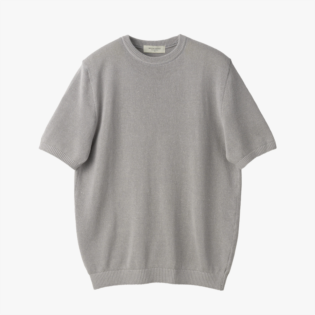 Front view of the Mooncastle Knit Paper Silk Crewneck Light Grey showing the lightweight silhouette, soft light grey tone, and refined paper-silk knit texture.