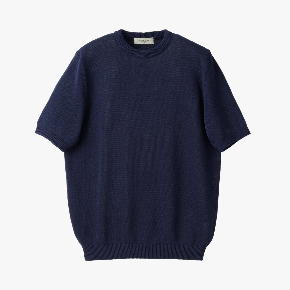 Front view of the Mooncastle Knit Paper Silk Crewneck Navy showing the refined silhouette, deep navy shade, and lightweight paper-silk knit texture.