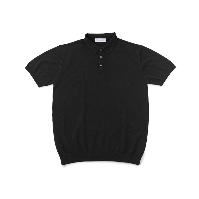 Front view of the Mooncastle Raglan Sleeve Knitted Polo Black showing the clean polo silhouette, raglan shoulder design, and deep black knit texture.