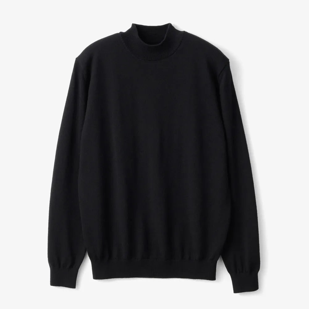 Front view of the Mooncastle Wool Mock Neck Long Sleeve Black showing the refined silhouette, deep black tone, and soft wool texture.