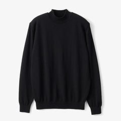 Front view of the Mooncastle Wool Mock Neck Long Sleeve Black showing the refined silhouette, deep black tone, and soft wool texture.