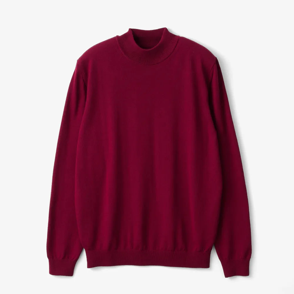 Front view of the Mooncastle Wool Mock Neck Long Sleeve Burgundy showing the refined silhouette, rich burgundy tone, and soft wool texture.